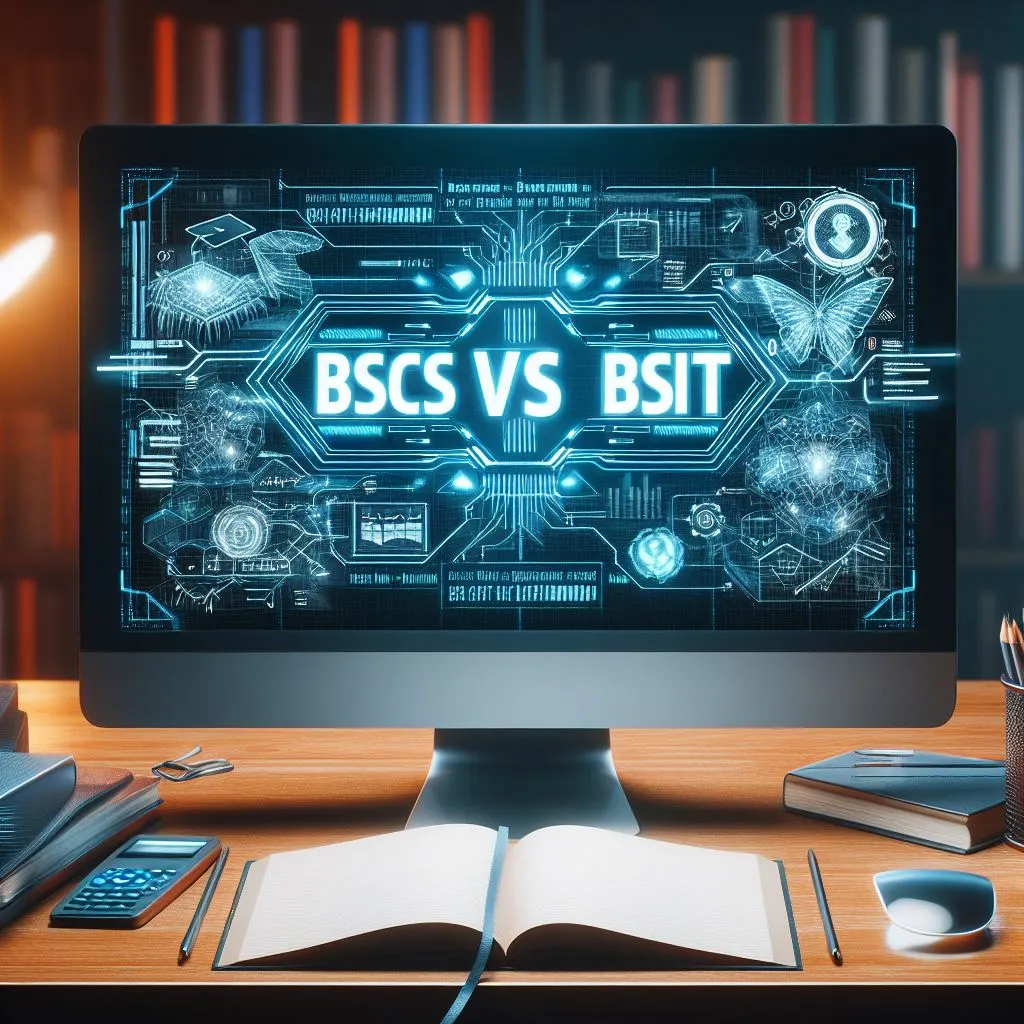 computer screen with "BSCS vs BSIT" written on the screen in technological manner